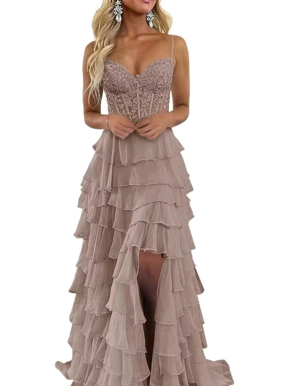 Amazon Taupe Ruffle High-Low Evening Gown